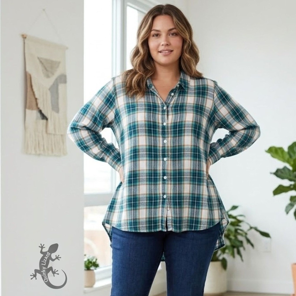 Lane Bryant Flannel Shirt‎ Womens 18/20 Teal White Plaid Button Down High Low